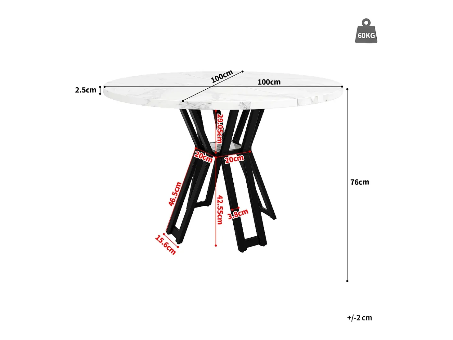 Mesa de comedor redonda para 4 personas, tapa chapada en mármol blanco con patas cruzadas de metal negro - 100x100x76cm