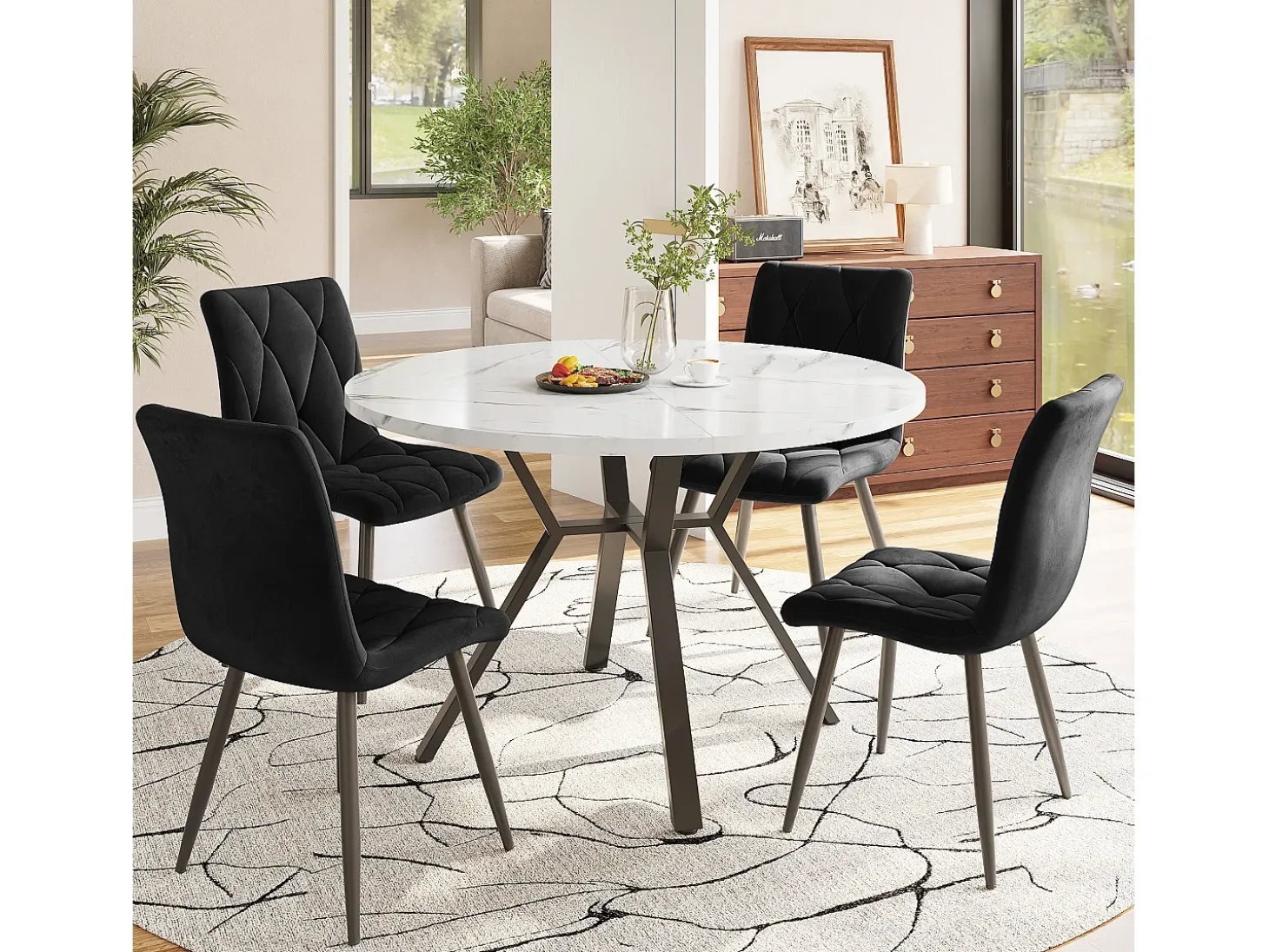 Mesa de comedor redonda para 4-6 personas - patas de metal negro - blanco (100 x 100 x 75 cm)
