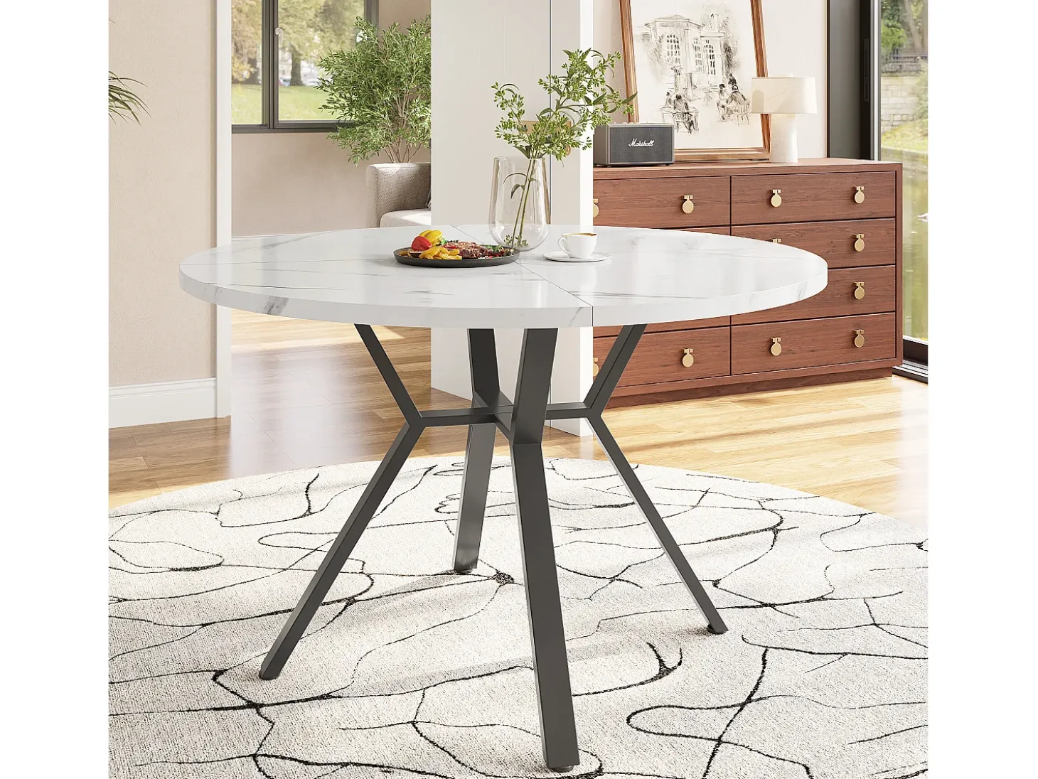 Mesa de comedor redonda para 4-6 personas - patas de metal negro - blanco (100 x 100 x 75 cm)