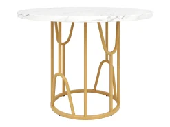 Mesa de comedor redonda para 2 personas, tapa chapada en mármol blanco con patas centrales de metal dorado - 80x80x76cm