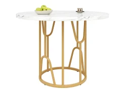 Mesa de comedor redonda para 2 personas, tapa chapada en mármol blanco con patas centrales de metal dorado - 80x80x76cm