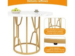 Mesa de comedor redonda para 2 personas, tapa chapada en mármol blanco con patas centrales de metal dorado - 80x80x76cm