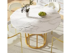 Mesa de comedor redonda para 2 personas, tapa chapada en mármol blanco con patas centrales de metal dorado - 80x80x76cm