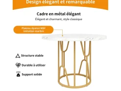 Mesa de comedor redonda para 2 personas, tapa chapada en mármol blanco con patas centrales de metal dorado - 80x80x76cm