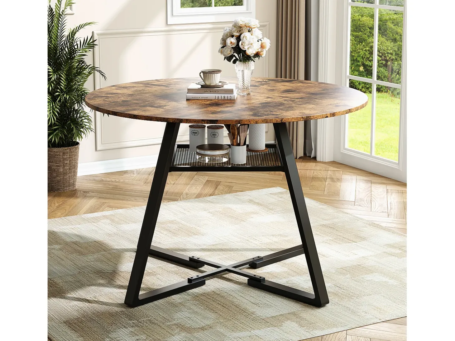 Mesa de comedor redonda para 4 personas, mesa de comedor con estante, 120 x 120 x 75 cm, Negro