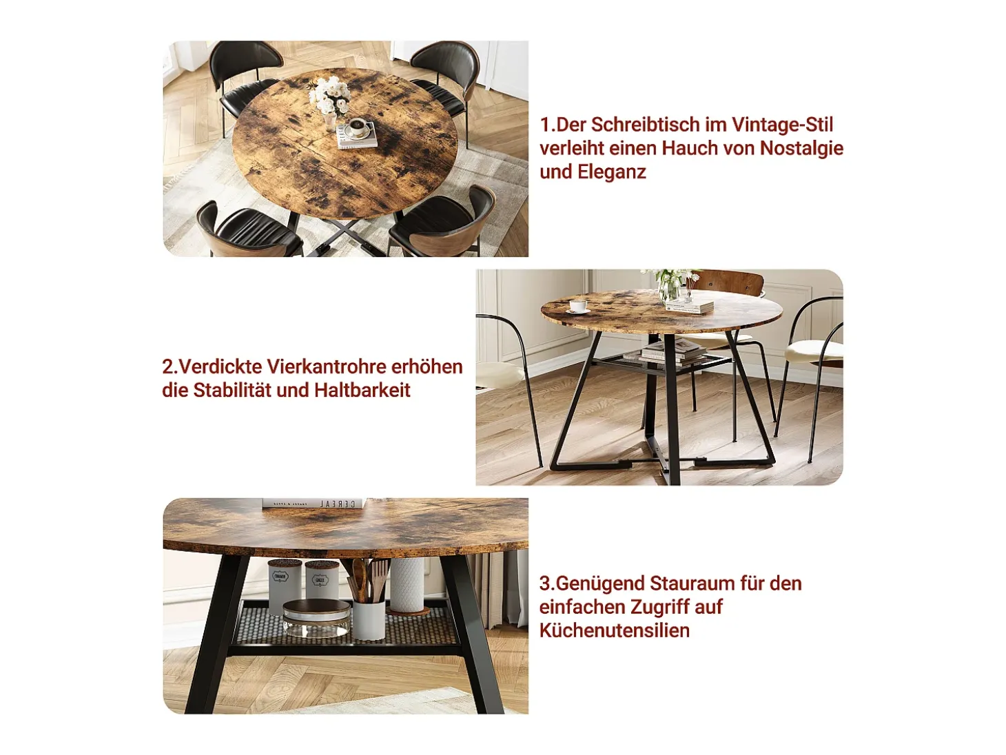 Mesa de comedor redonda para 4 personas, mesa de comedor con estante, 120 x 120 x 75 cm, Negro