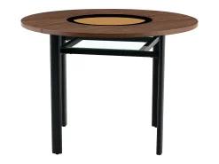 Mesa de comedor redonda para 2-4 personas - Tablero de madera veteada marrón - Vidrio + metal + MDF