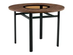 Mesa de comedor redonda para 2-4 personas - Tablero de madera veteada marrón - Vidrio + metal + MDF