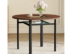 Mesa de comedor redonda para 2-4 personas - Tablero de madera veteada marrón - Vidrio + metal + MDF