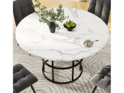 Mesa de comedor redonda para 4 personas, tapa chapada en mármol blanco con patas centrales de metal negro - 100x100x76cm