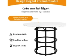 Mesa de comedor redonda para 4 personas, tapa chapada en mármol blanco con patas centrales de metal negro - 100x100x76cm