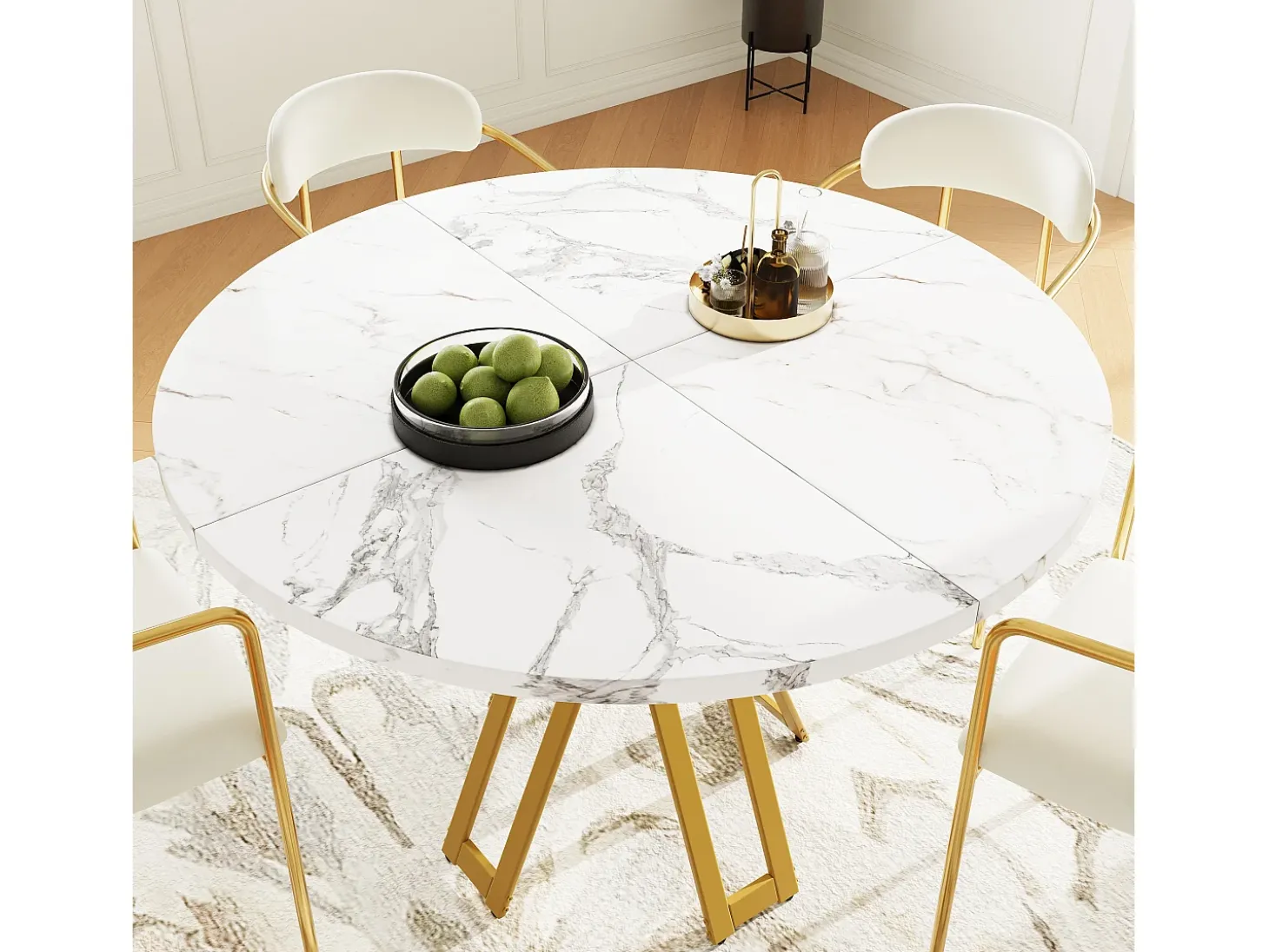 Mesa de comedor redonda, patas de metal dorado, tablero de MDF efecto mármol, (100x100x76 cm)