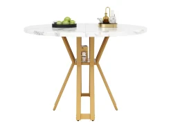 Mesa de comedor redonda, patas de metal dorado, tablero de MDF efecto mármol, (100x100x76 cm)