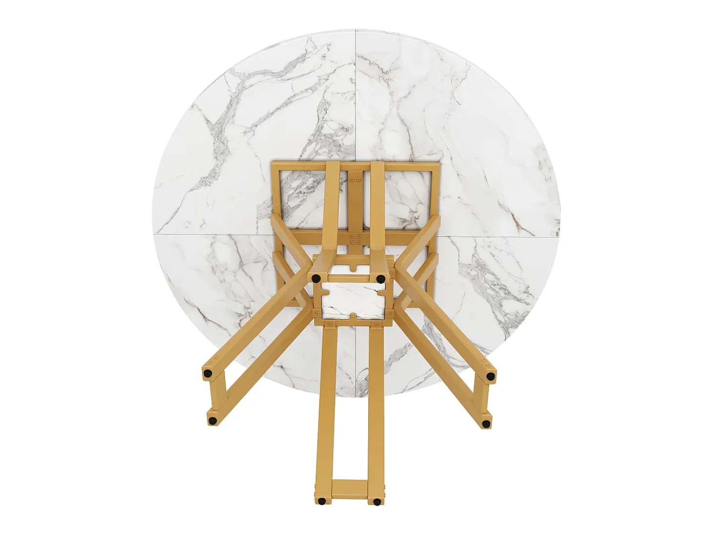 Mesa de comedor redonda, patas de metal dorado, tablero de MDF efecto mármol, (100x100x76 cm)