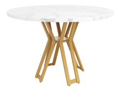 Mesa de comedor redonda, patas de metal dorado, tablero de MDF efecto mármol, (100x100x76 cm)