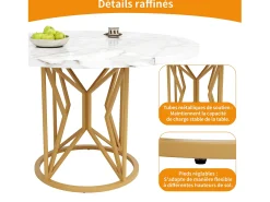 Mesa de comedor redonda para 4 personas, tapa chapada en mármol blanco con patas centrales de metal dorado - 100x100x76cm