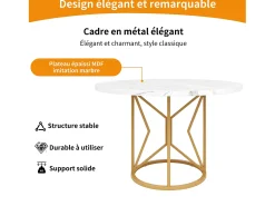 Mesa de comedor redonda para 4 personas, tapa chapada en mármol blanco con patas centrales de metal dorado - 100x100x76cm