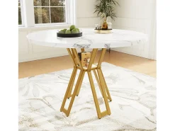 Mesa de comedor redonda para 4-6 personas - patas de metal dorado - blanco (100x100x76 cm)