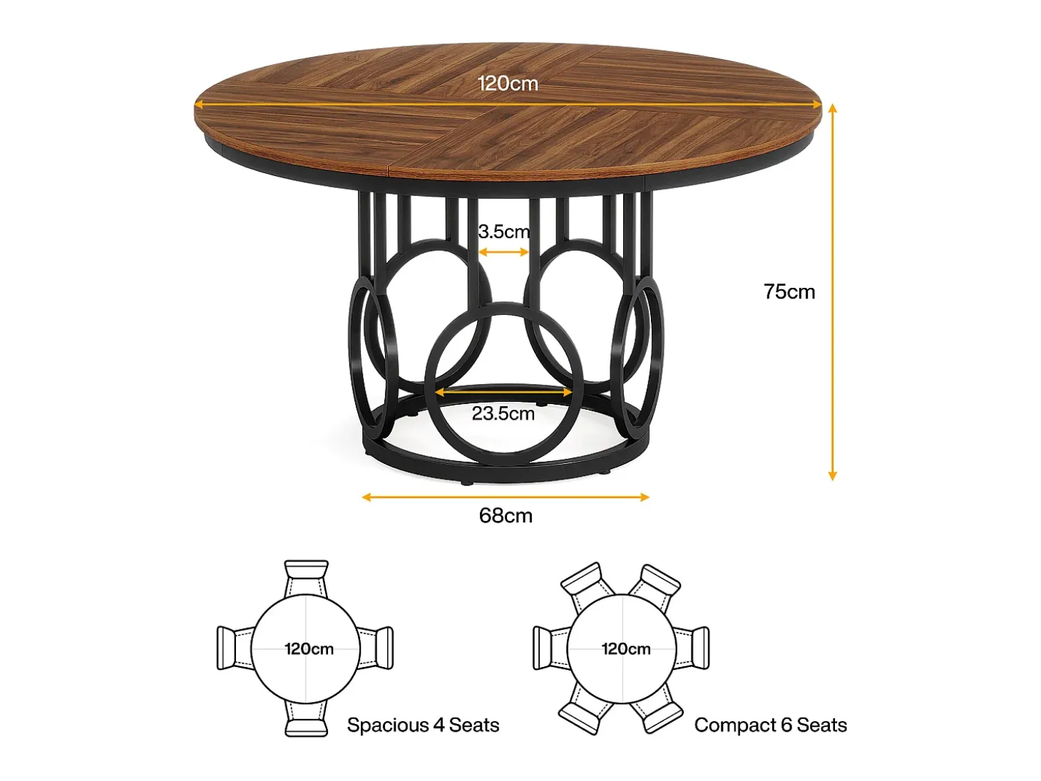 Mesa de comedor redonda para 4 personas, mesa de comedor rústica de 120 cm