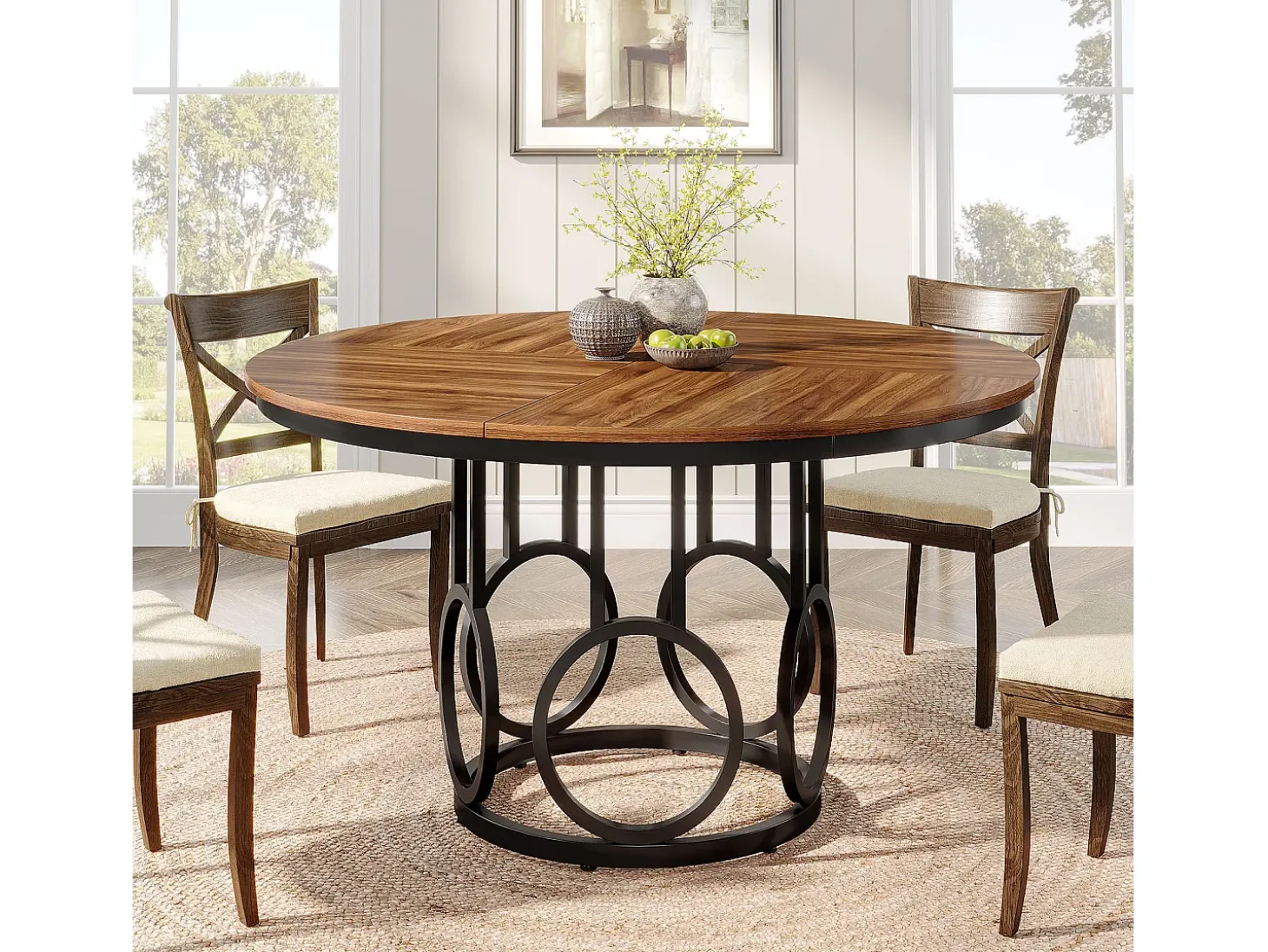 Mesa de comedor redonda para 4 personas, mesa de comedor rústica de 120 cm
