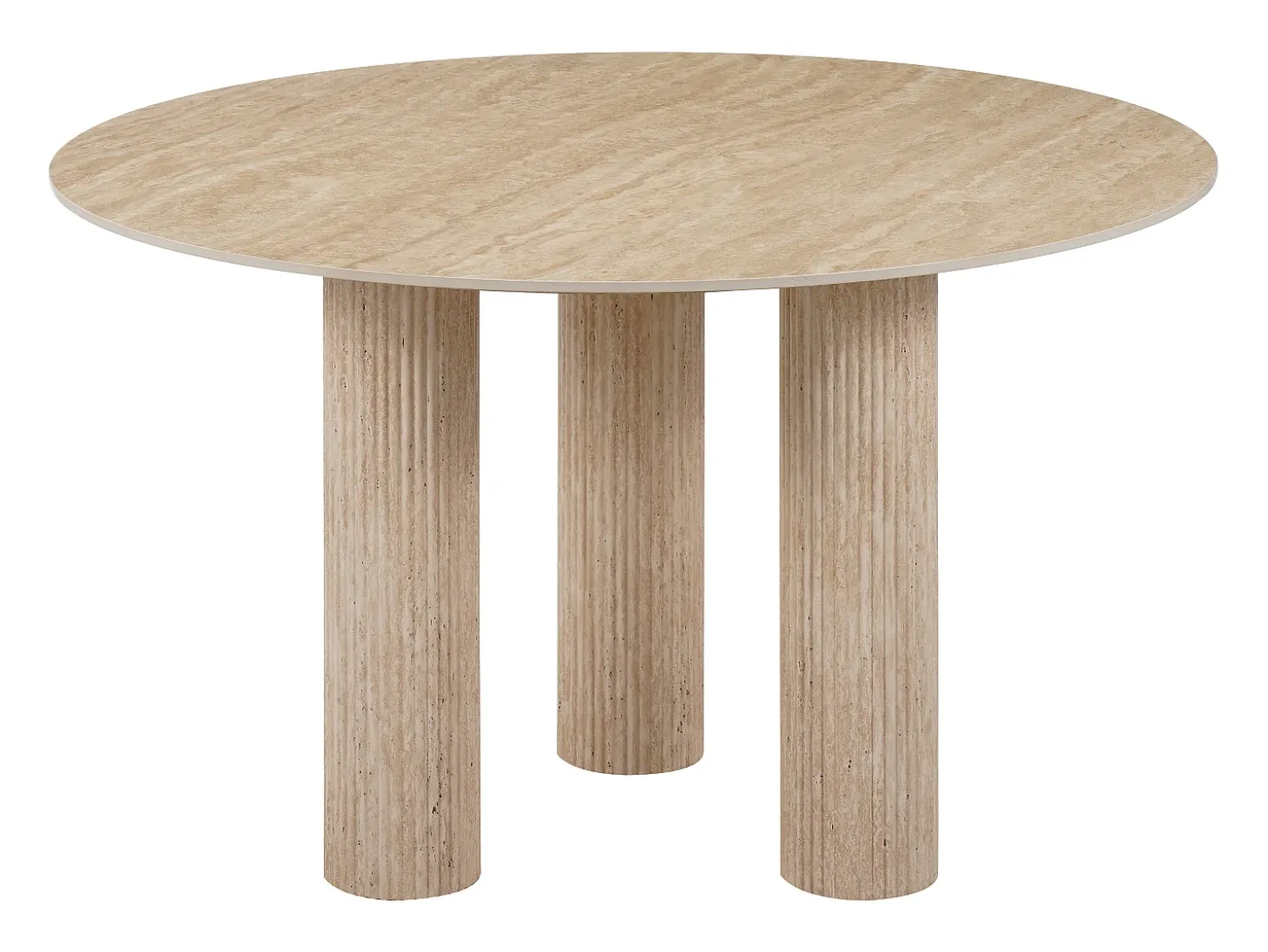 Mesa de comedor redonda para 4 personas - Tablero de cerámica efecto travertino beige - ANA