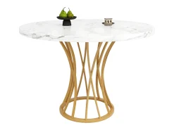Mesa de comedor redonda para 4 a 6 personas - Pr 80 x Al 76 cm - Tablero de MDF jaspeado y patas de metal dorado - Blanco + oro
