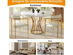 Mesa de comedor redonda para 4 a 6 personas - Pr 80 x Al 76 cm - Tablero de MDF jaspeado y patas de metal dorado - Blanco + oro
