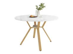 Mesa de comedor redonda para 4 personas, tapa chapada en mármol blanco con patas de metal dorado - 100x100x75cm
