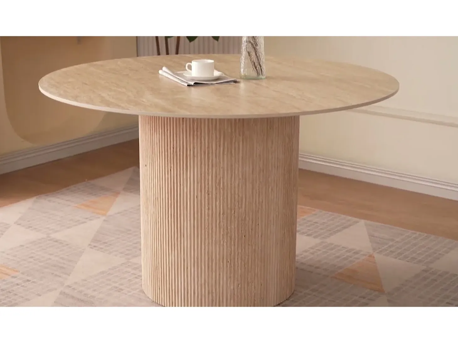 Mesa de comedor redonda para 4 personas - Tablero cerámico efecto travertino beige - ESME