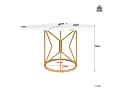 Mesa de comedor redonda para 4 a 6 personas - Pr 100 x Al 76 cm - Tablero de MDF jaspeado y patas de metal dorado - Blanco + oro