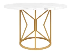 Mesa de comedor redonda para 4 a 6 personas - Pr 100 x Al 76 cm - Tablero de MDF jaspeado y patas de metal dorado - Blanco + oro