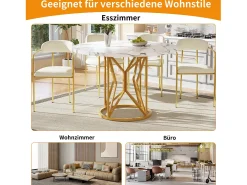 Mesa de comedor redonda para 4 a 6 personas - Pr 100 x Al 76 cm - Tablero de MDF jaspeado y patas de metal dorado - Blanco + oro