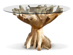 Mesa de comedor redonda Rakina de raíz de teca blanqueada, 150 cm