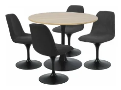 Mesa de comedor redonda TULIPS para 4-5 personas, acabado de imitación de roble y base de metal negro