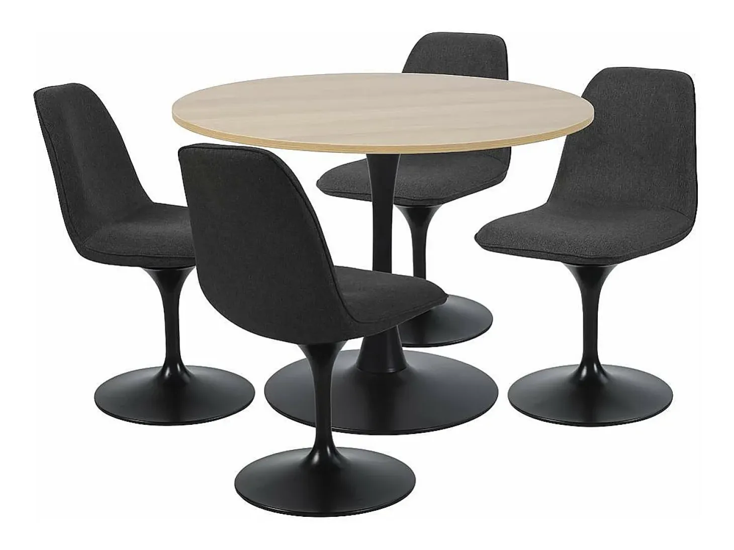 Mesa de comedor redonda TULIPS para 4-5 personas, acabado de imitación de roble y base de metal negro