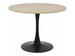 Mesa de comedor redonda TULIPS para 4-5 personas, acabado de imitación de roble y base de metal negro