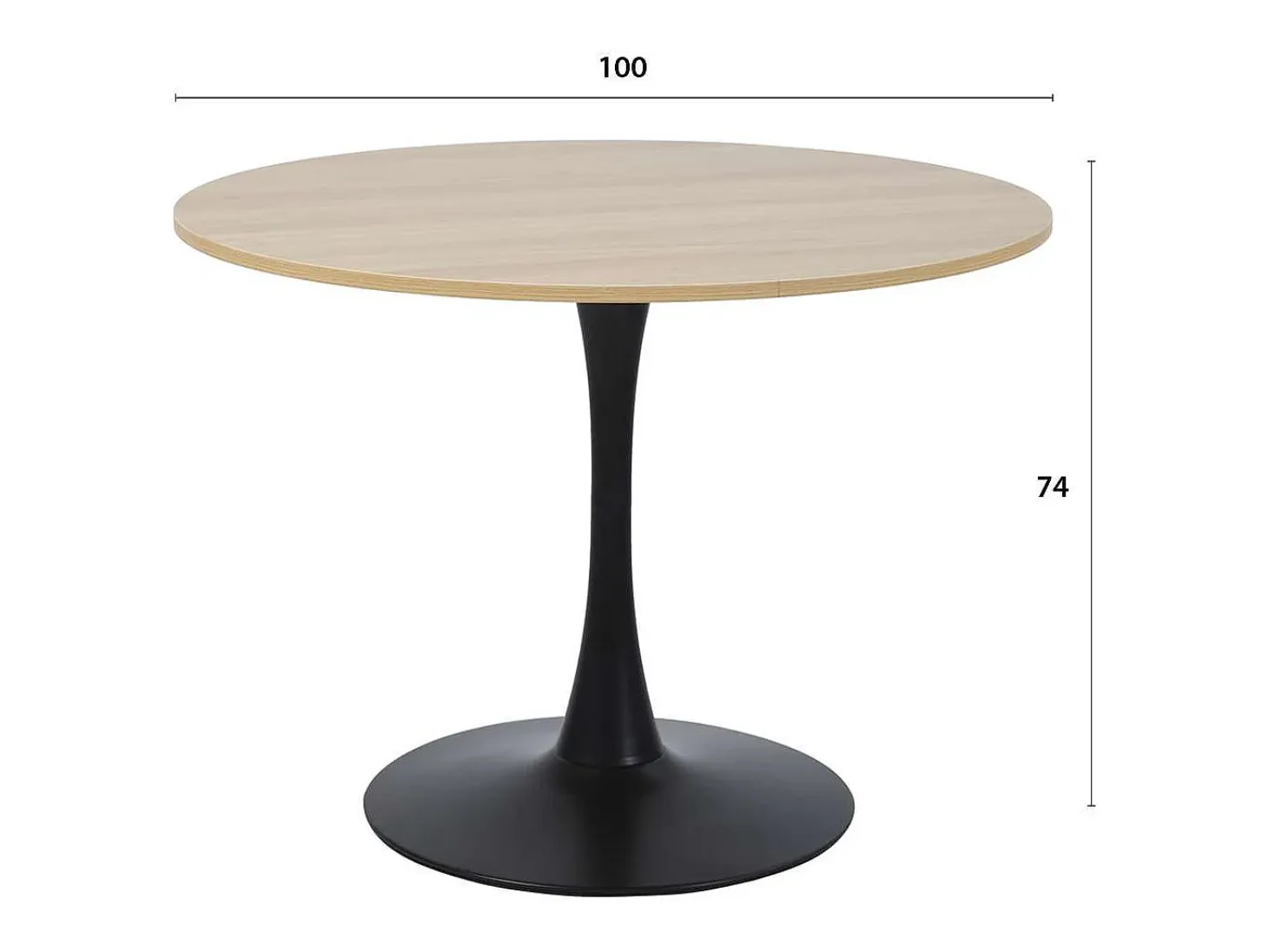 Mesa de comedor redonda TULIPS para 4-5 personas, acabado de imitación de roble y base de metal negro