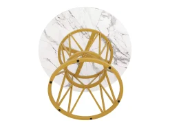 Mesa de comedor redonda 100x100x76cm para 4 personas con tapa chapada en mármol blanco, estructura de metal dorado