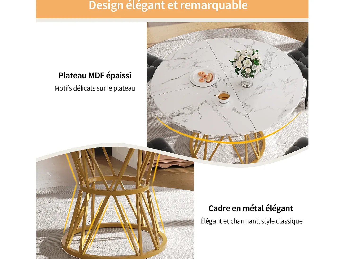 Mesa de comedor redonda 100x100x76cm para 4 personas con tapa chapada en mármol blanco, estructura de metal dorado