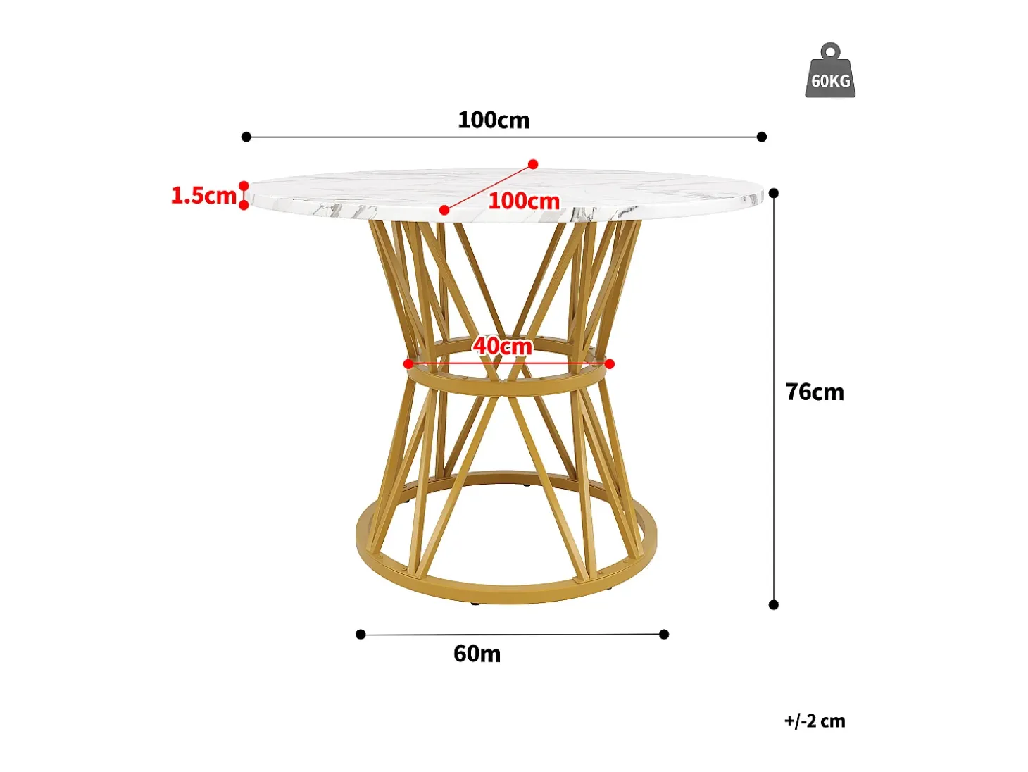 Mesa de comedor redonda 100x100x76cm para 4 personas con tapa chapada en mármol blanco, estructura de metal dorado