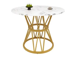 Mesa de comedor redonda 100x100x76cm para 4 personas con tapa chapada en mármol blanco, estructura de metal dorado