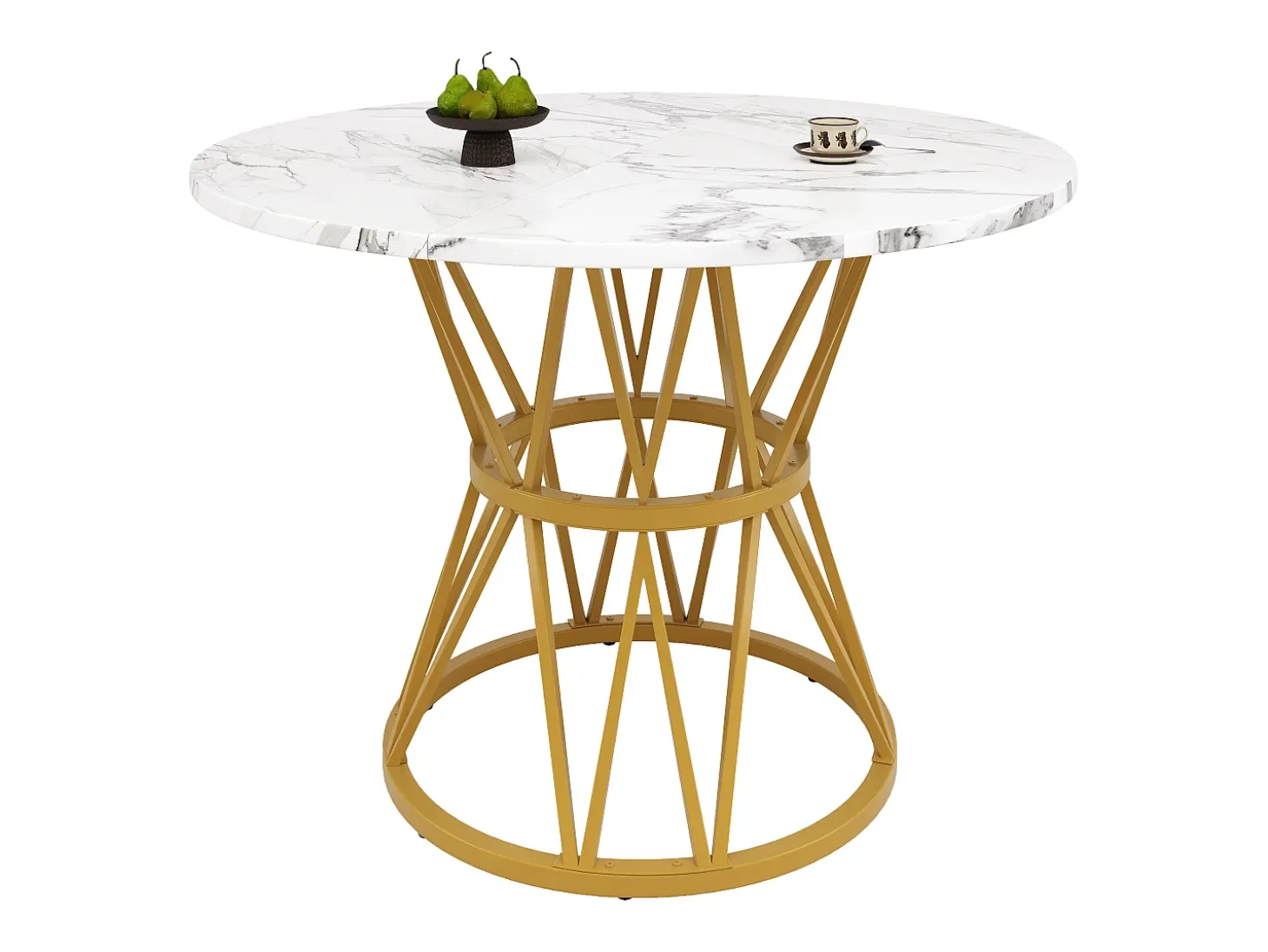 Mesa de comedor redonda 100x100x76cm para 4 personas con tapa chapada en mármol blanco, estructura de metal dorado