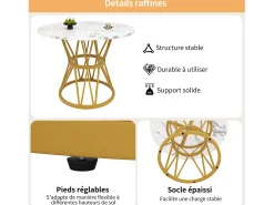 Mesa de comedor redonda 100x100x76cm para 4 personas con tapa chapada en mármol blanco, estructura de metal dorado