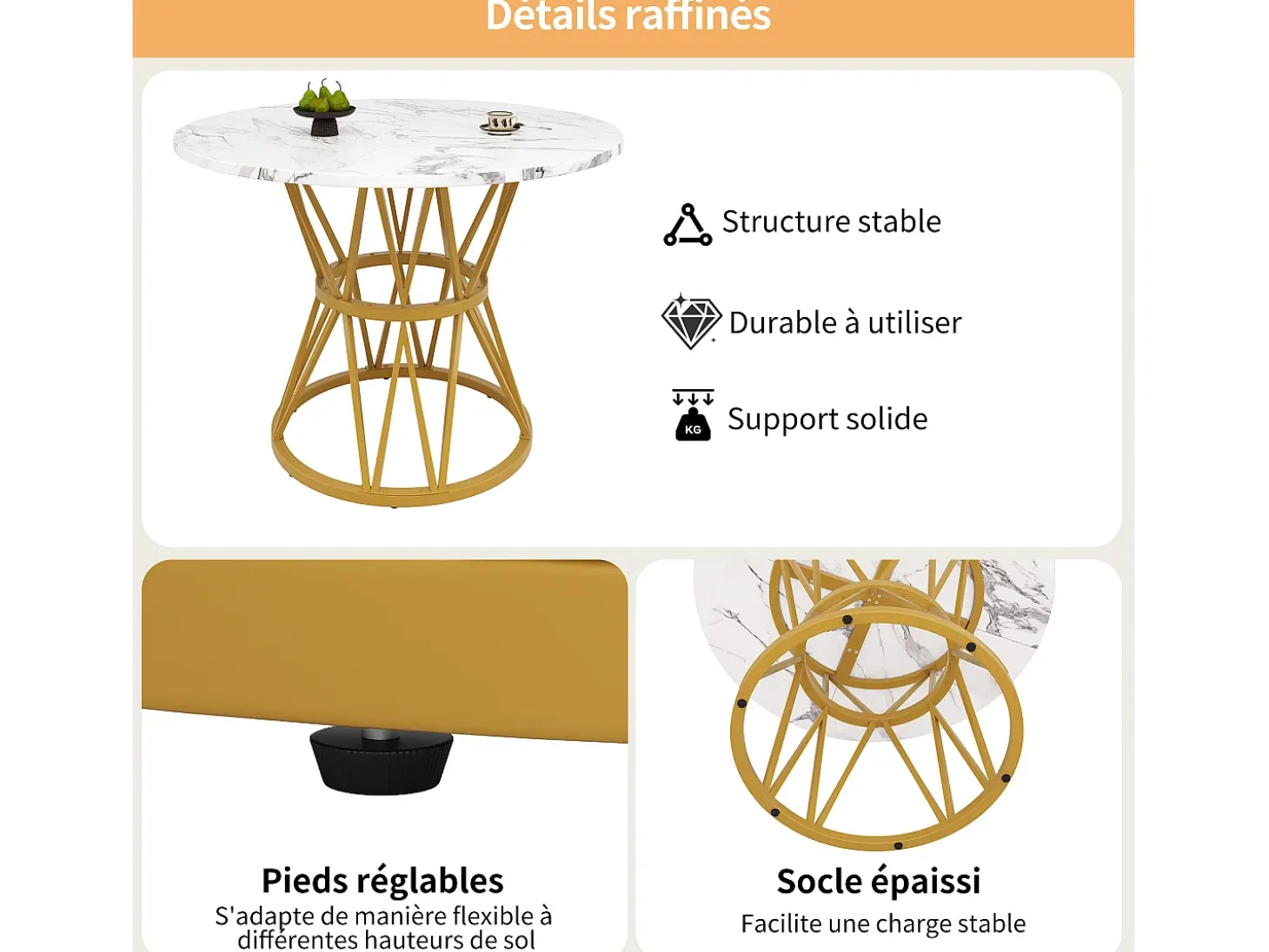 Mesa de comedor redonda 100x100x76cm para 4 personas con tapa chapada en mármol blanco, estructura de metal dorado
