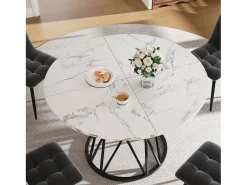 Mesa de comedor redonda 100x100x76cm para 4 personas con tapa chapada en mármol blanco, estructura de metal negro