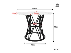 Mesa de comedor redonda 100x100x76cm para 4 personas con tapa chapada en mármol blanco, estructura de metal negro