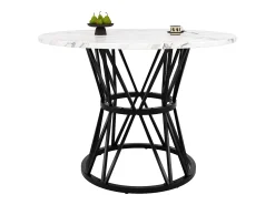 Mesa de comedor redonda 100x100x76cm para 4 personas con tapa chapada en mármol blanco, estructura de metal negro