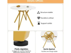 Mesa de comedor redonda 100x100x76cm con tapa chapada en mármol blanco, patas regulables de metal dorado
