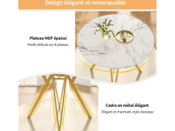 Mesa de comedor redonda 100x100x76cm con tapa chapada en mármol blanco, patas regulables de metal dorado