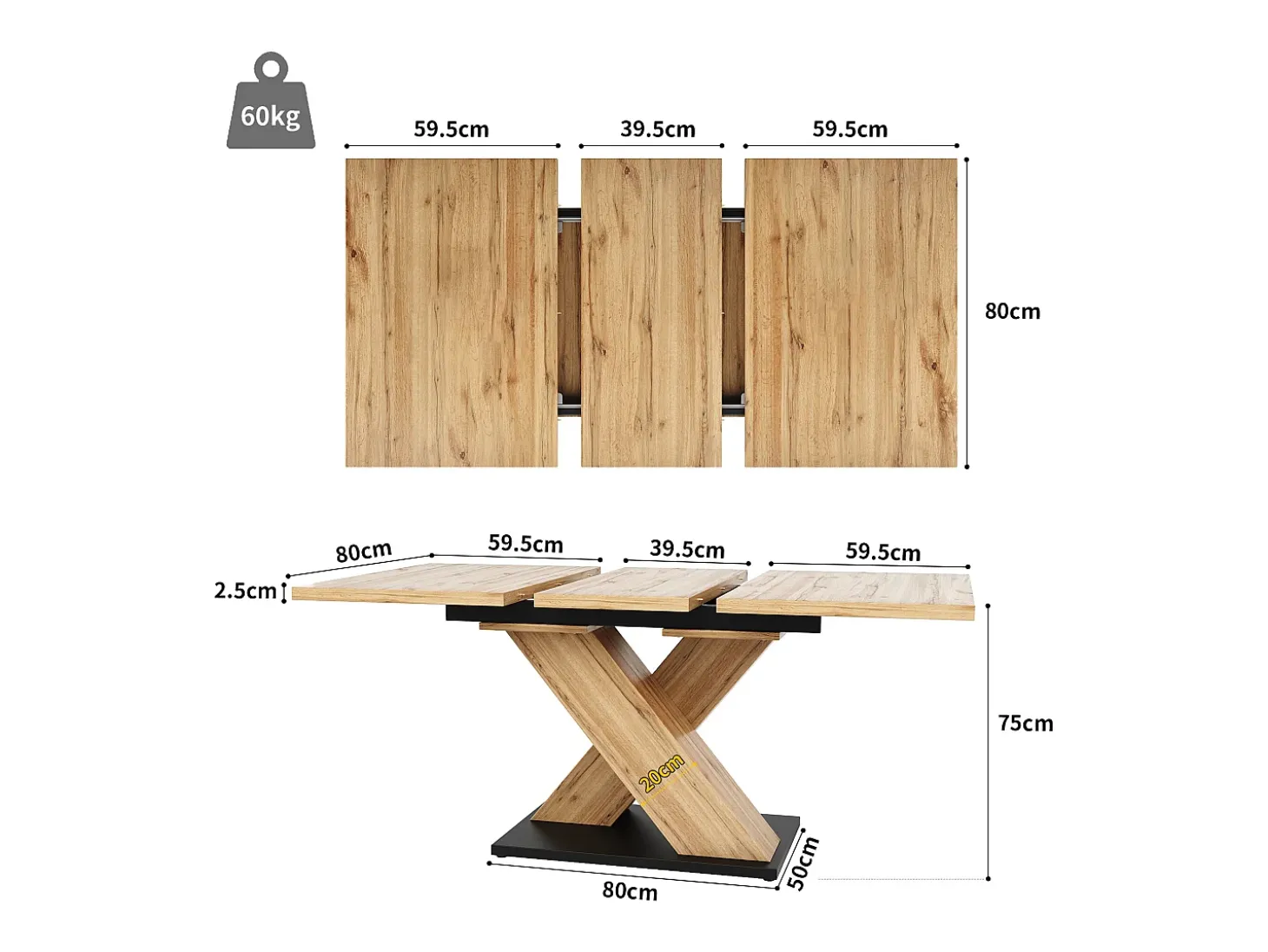 Mesa de comedor retráctil 158,5 x 80 cm - 6 a 8 personas - MDF - Natural